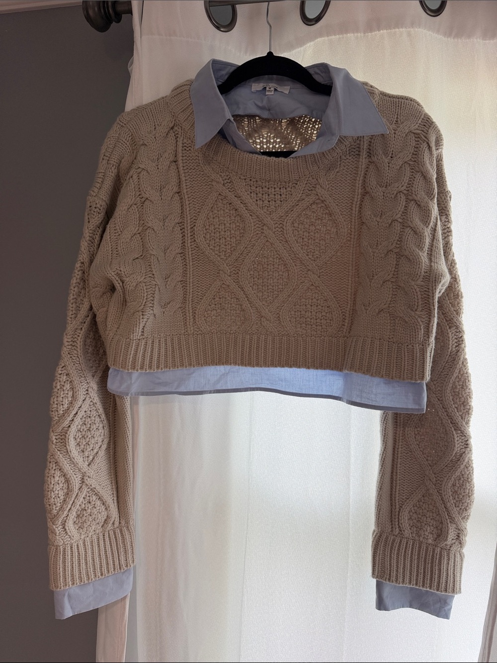 Grey Cable Knit Cropped Sweater with Layered Collard Shirt Look